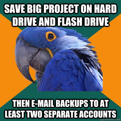 Save big project on hard drive and flash drive then e-mail backups to at least two separate accounts - Save big project on hard drive and flash drive then e-mail backups to at least two separate accounts  Paranoid Parrot