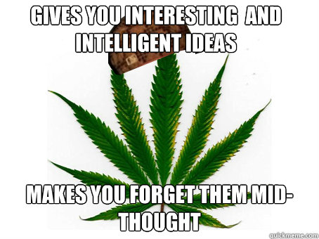 Gives you Interesting  and intelligent ideas Makes you forget them mid-thought - Gives you Interesting  and intelligent ideas Makes you forget them mid-thought  Scumbag Marijuana