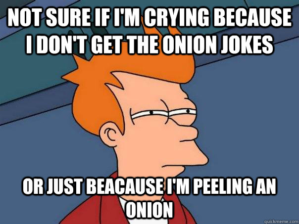 Not sure if I'm crying because I don't get the onion jokes Or just beacause I'm peeling an onion - Not sure if I'm crying because I don't get the onion jokes Or just beacause I'm peeling an onion  Futurama Fry