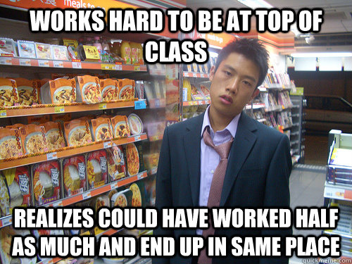 Works hard to be at top of class Realizes could have worked half as much and end up in same place  Disenchanted Young Professional
