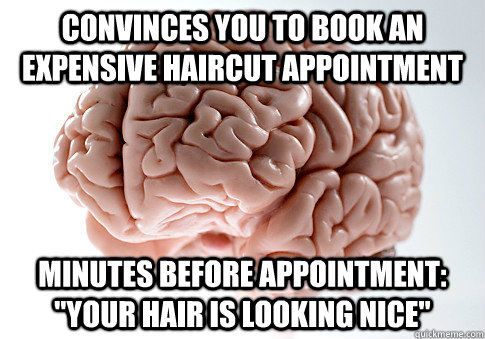 CONVINCES YOU TO BOOK AN EXPENSIVE HAIRCUT APPOINTMENT MINUTES BEFORE APPOINTMENT: 