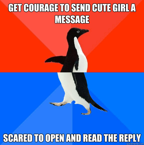 Get courage to send cute girl a message scared to open and read the reply  Socially Awesome Awkward Penguin