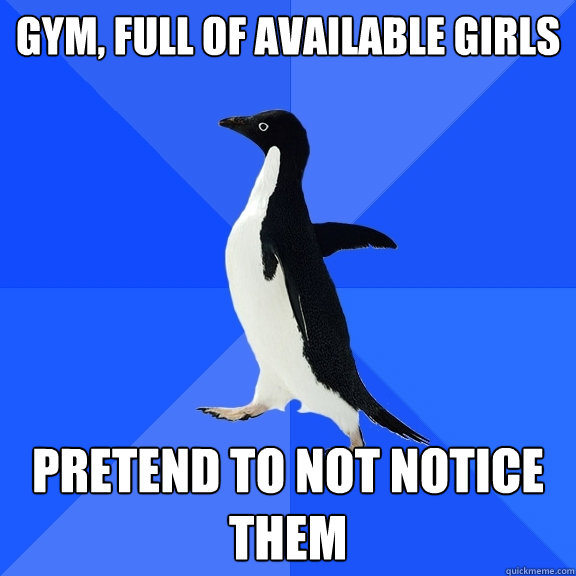 gym, full of available girls pretend to not notice them  Socially Awkward Penguin
