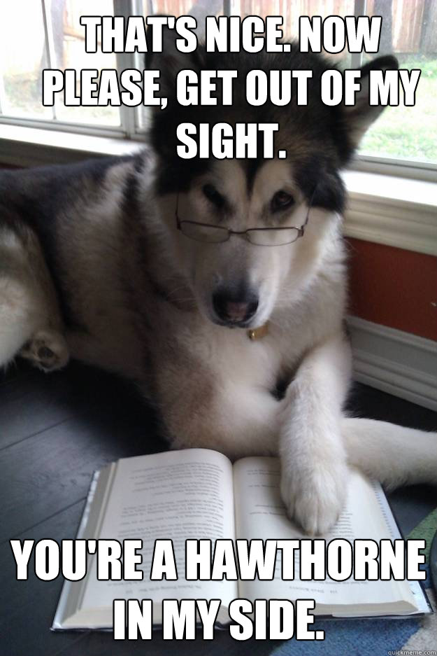 that's nice. now please, get out of my sight. you're a hawthorne in my side.  - that's nice. now please, get out of my sight. you're a hawthorne in my side.   Condescending Literary Pun Dog