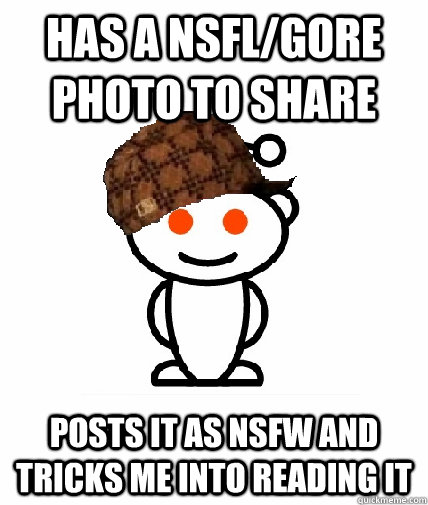 has a nsfl/gore photo to share posts it as nsfw and tricks me into reading it  Scumbag Redditor