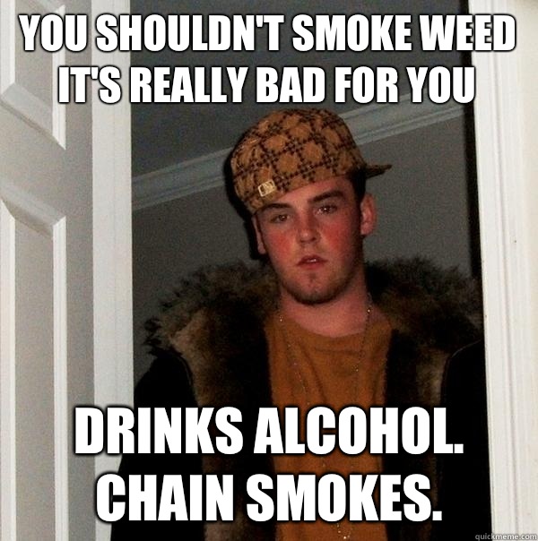 You shouldn't smoke weed it's really bad for you Drinks alcohol. Chain Smokes.   Scumbag Steve