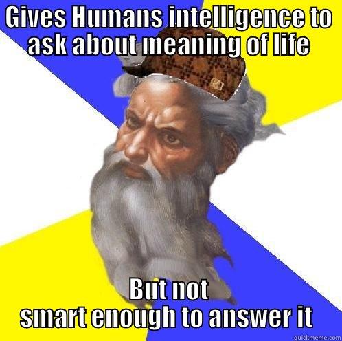 GIVES HUMANS INTELLIGENCE TO ASK ABOUT MEANING OF LIFE BUT NOT SMART ENOUGH TO ANSWER IT  Scumbag God