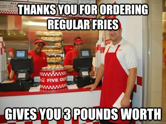 thanks you for ordering regular fries gives you 3 pounds worth  Good Guy Five Guys