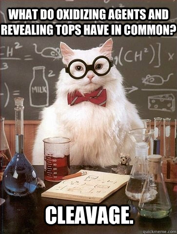 What do oxidizing agents and revealing tops have in common? Cleavage.  Chemistry Cat