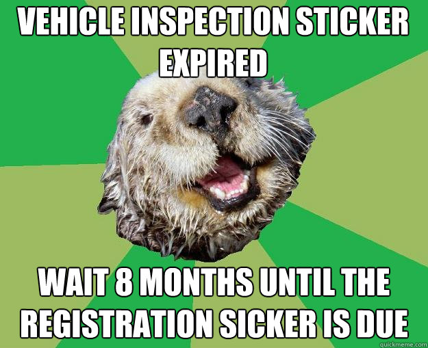 vehicle inspection sticker expired wait 8 months until the registration sicker is due  OCD Otter