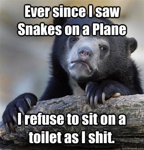 Ever since I saw Snakes on a Plane I refuse to sit on a toilet as I shit.  Confession Bear