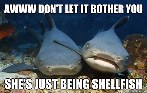 Awww don't let it bother you she's just being shellfish  Compassionate Shark Friend