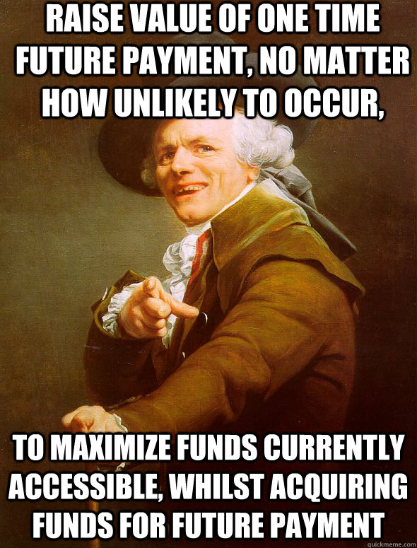 Raise value of one time future payment, no matter how unlikely to occur, to maximize funds currently accessible, whilst acquiring funds for future payment  Joseph Ducreux