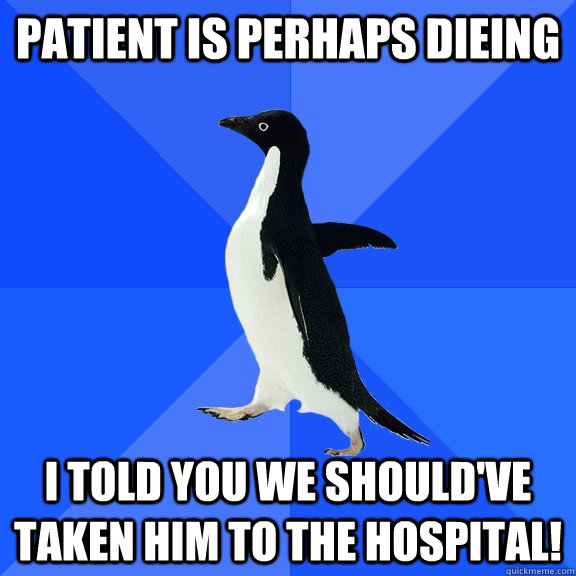 Patient is perhaps dieing I told you we should've taken him to the hospital!  Socially Awkward Penguin