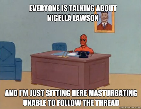 Everyone is talking about Nigella Lawson And i'm just sitting here masturbating unable to follow the thread  masturbating spiderman