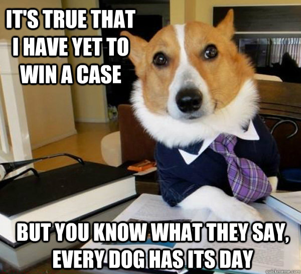 It's true that I have yet to win a case But you know what they say, every dog has its day - It's true that I have yet to win a case But you know what they say, every dog has its day  Lawyer Dog
