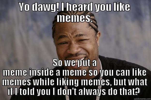 YO DAWG! I HEARD YOU LIKE MEMES. SO WE PUT A MEME INSIDE A MEME SO YOU CAN LIKE MEMES WHILE LIKING MEMES, BUT WHAT IF I TOLD YOU I DON'T ALWAYS DO THAT?  Xzibit meme