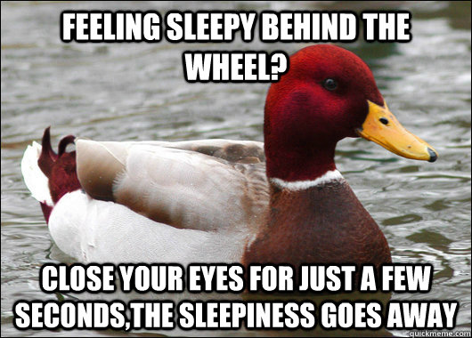 feeling Sleepy behind the wheel? close your eyes for just a few seconds,the sleepiness goes away  Malicious Advice Mallard