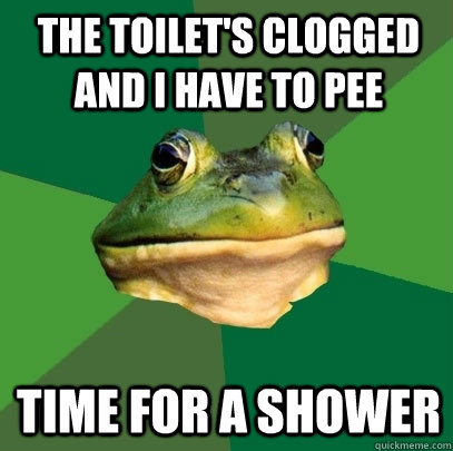 the toilet's clogged and i have to pee time for a shower  Foul Bachelor Frog