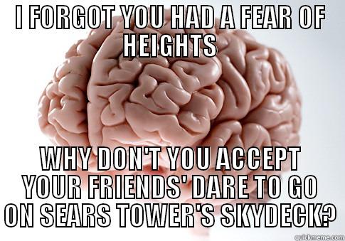 I FORGOT YOU HAD A FEAR OF HEIGHTS WHY DON'T YOU ACCEPT YOUR FRIENDS' DARE TO GO ON SEARS TOWER'S SKYDECK? Scumbag Brain