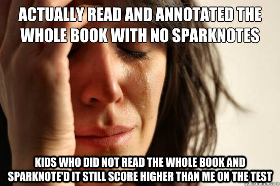 Actually read and annotated the whole book with no sparknotes Kids who did not read the whole book and sparknote'd it still score higher than me on the test  First World Problems