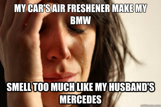 my car's air freshener make my bmw smell too much like my husband's mercedes - my car's air freshener make my bmw smell too much like my husband's mercedes  First World Problems