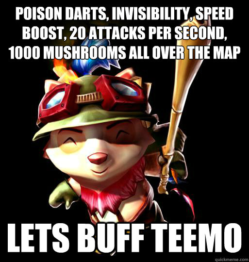 Poison darts, invisibility, speed boost, 20 attacks per second, 
1000 mushrooms all over the map Lets buff teemo  LoL Teemo