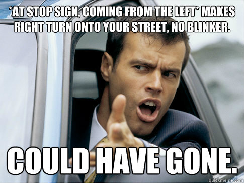 *at stop sign, coming from the left* makes right turn onto your street, no blinker. could have gone.  Asshole driver