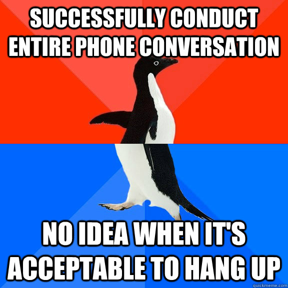 SUCCESSFULLY CONDUCT ENTIRE PHONE CONVERSATION no idea when it's acceptable to hang up - SUCCESSFULLY CONDUCT ENTIRE PHONE CONVERSATION no idea when it's acceptable to hang up  Socially Awesome Awkward Penguin