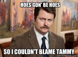 Hoes gon' be hoes

 so i couldn't blame tammy  Ron Swanson