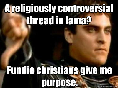 A religiously controversial thread in Iama? Fundie christians give me purpose.  Downvoting Roman