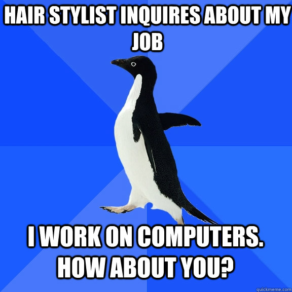 Hair stylist inquires about my job I work on computers.  How about you?  Socially Awkward Penguin