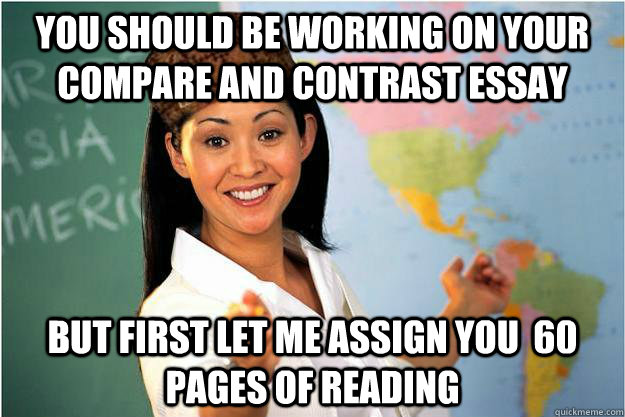 You should be working on your compare and contrast essay But first let me assign you  60 pages of reading   Scumbag Teacher