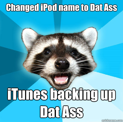 Changed iPod name to Dat Ass iTunes backing up Dat Ass  Lame Pun Coon