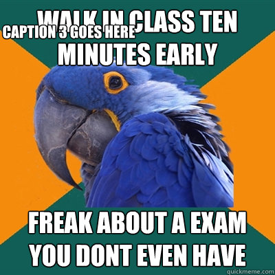 walk in class ten minutes early freak about a exam you dont even have Caption 3 goes here  Paranoid Parrot