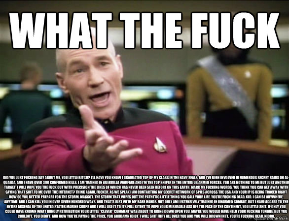 what the fuck did you just fucking say about me, you little bitch? I’ll have you know I graduated top of my class in the Navy Seals, and I’ve been involved in numerous secret raids on Al-Quaeda, and I have over 300 confirmed kills. I am traine  Annoyed Picard HD