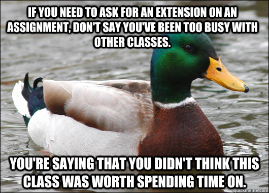 If you need to ask for an extension on an assignment, don't say you've been too busy with other classes. You're saying that you didn't think this class was worth spending time on.  Actual Advice Mallard