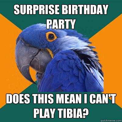 Surprise birthday party Does this mean I can't play Tibia?  Paranoid Parrot