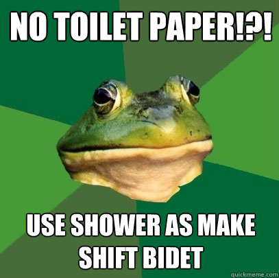 No toilet paper!?! Use shower as make shift bidet  Foul Bachelor Frog