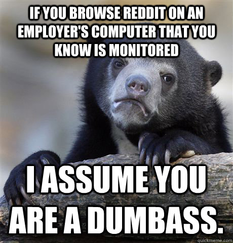 If you browse reddit on an employer's computer that you know is monitored I assume you are a dumbass.  Confession Bear
