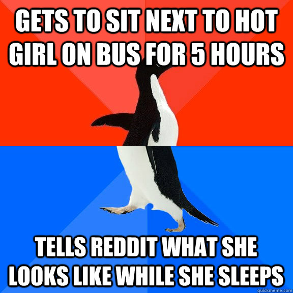 Gets to sit next to hot girl on bus for 5 hours tells reddit what she looks like while she sleeps  Socially Awesome Awkward Penguin