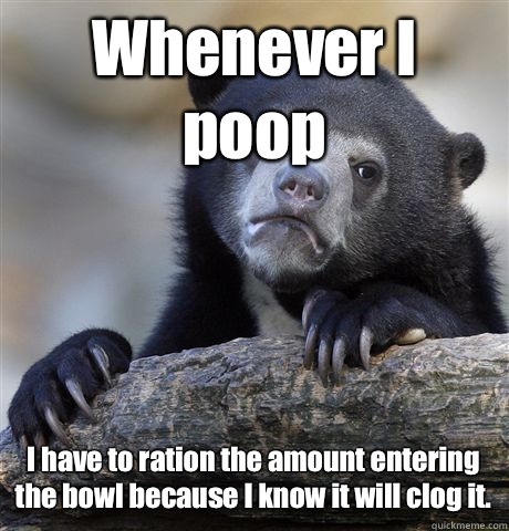 Whenever I poop I have to ration the amount entering the bowl because I know it will clog it.  Confession Bear
