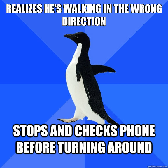 realizes he's walking in the wrong direction stops and checks phone before turning around  Socially Awkward Penguin
