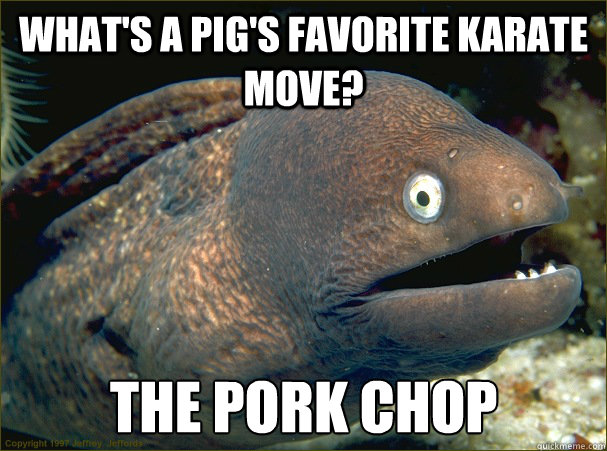 What's a pig's favorite Karate move? The Pork Chop - What's a pig's favorite Karate move? The Pork Chop  Bad Joke Eel