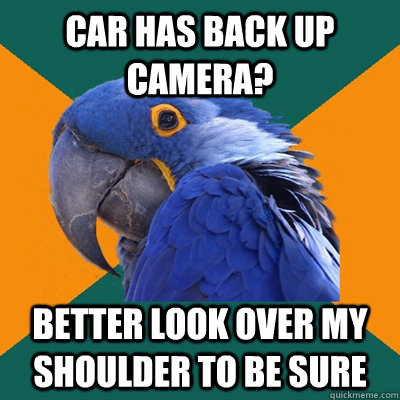 Car has back up camera? Better look over my shoulder to be sure  Paranoid Parrot