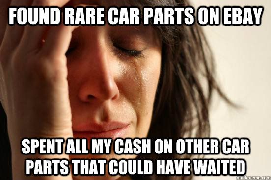 found rare car parts on ebay spent all my cash on other car parts that could have waited  First World Problems