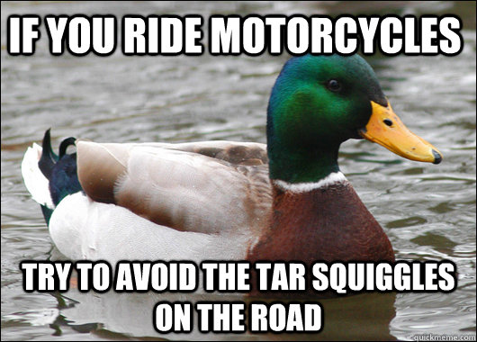 IF YOU RIDE MOTORCYCLES TRY TO AVOID THE TAR SQUIGGLES ON THE ROAD - IF YOU RIDE MOTORCYCLES TRY TO AVOID THE TAR SQUIGGLES ON THE ROAD  Actual Advice Mallard