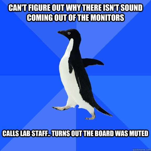 Can't figure out why there isn't sound coming out of the monitors  Calls lab staff.. turns out the board was muted   Socially Awkward Penguin