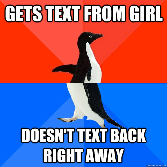 Gets text from girl doesn't text back right away  Socially Awesome Awkward Penguin