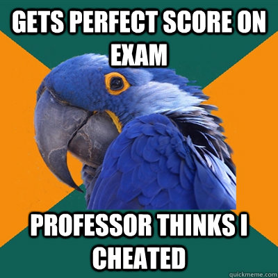 Gets perfect score on exam Professor thinks I cheated  Paranoid Parrot